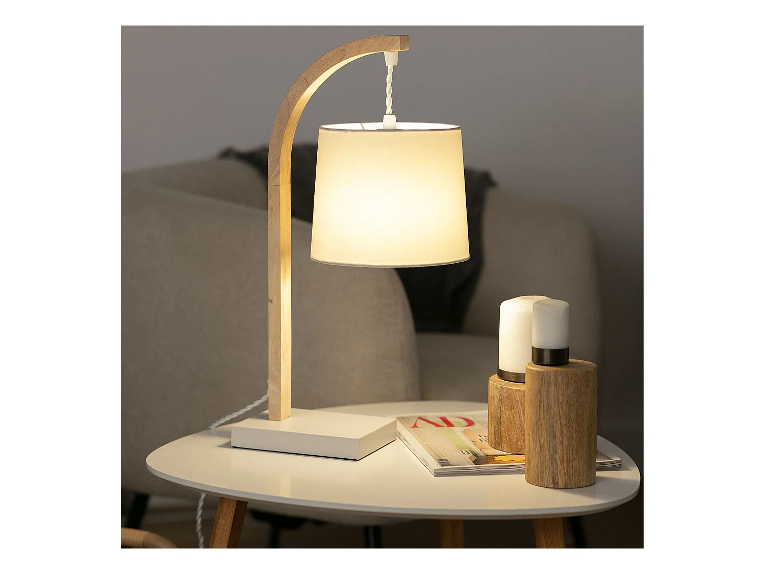 Lampada da Tavolo Tessuto e Legno Haakon Bianco