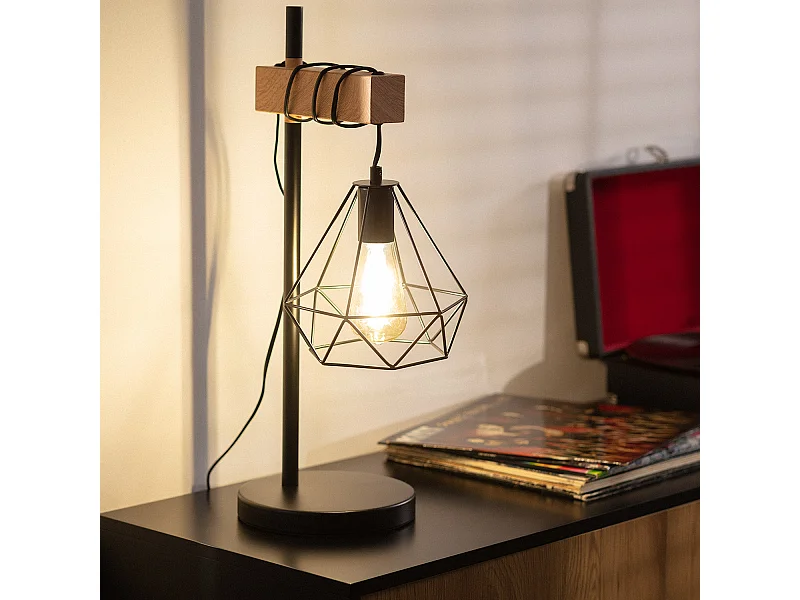 Lámpara de Mesa de Metal y Madera Sardo Negro