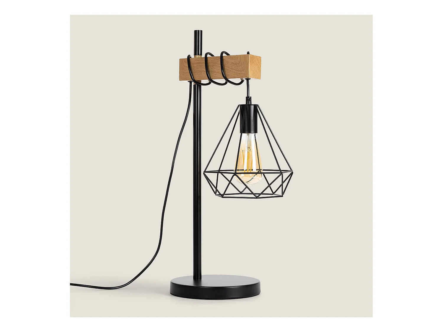 Lámpara de Mesa de Metal y Madera Sardo Negro