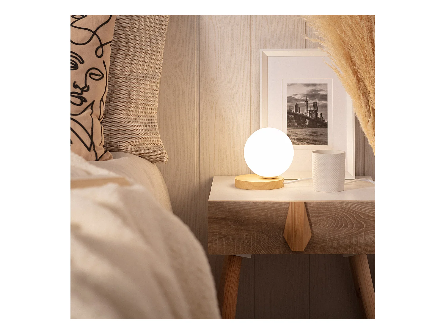 Lámpara de Mesa de Madera y Cristal Kamulo Natural