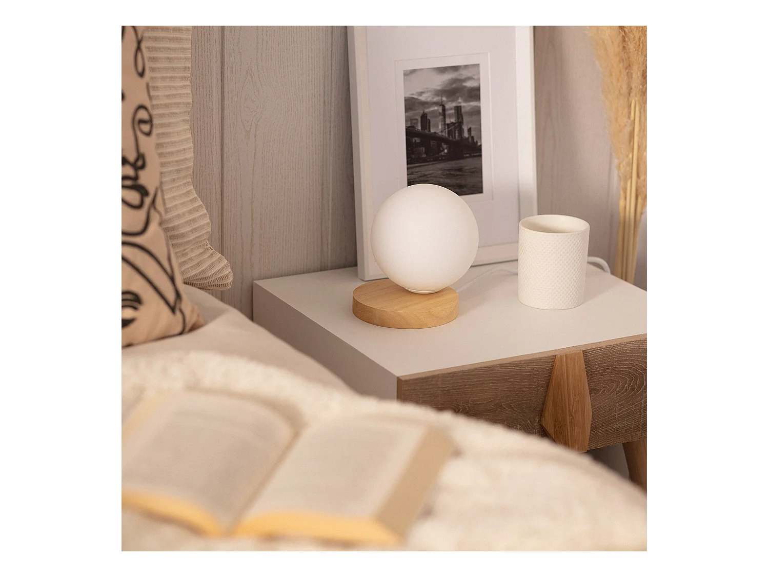 Lámpara de Mesa de Madera y Cristal Kamulo Natural