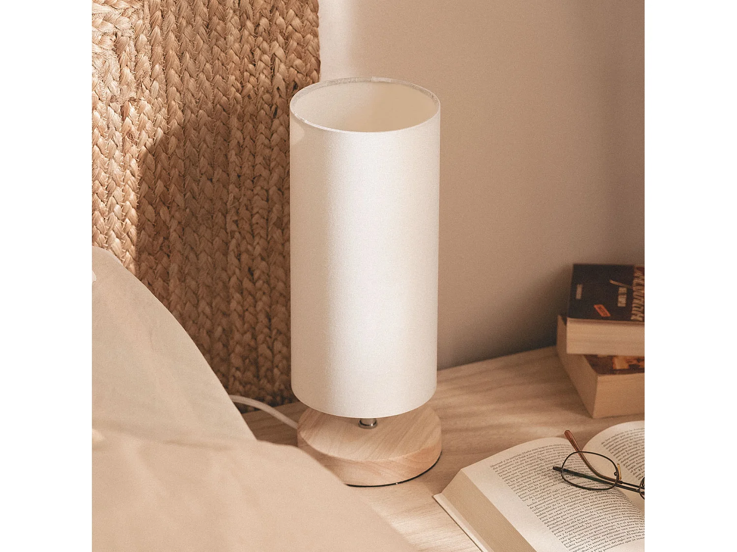 Lampe à Poser Bois et Tissu Roundi Haarle Blanc