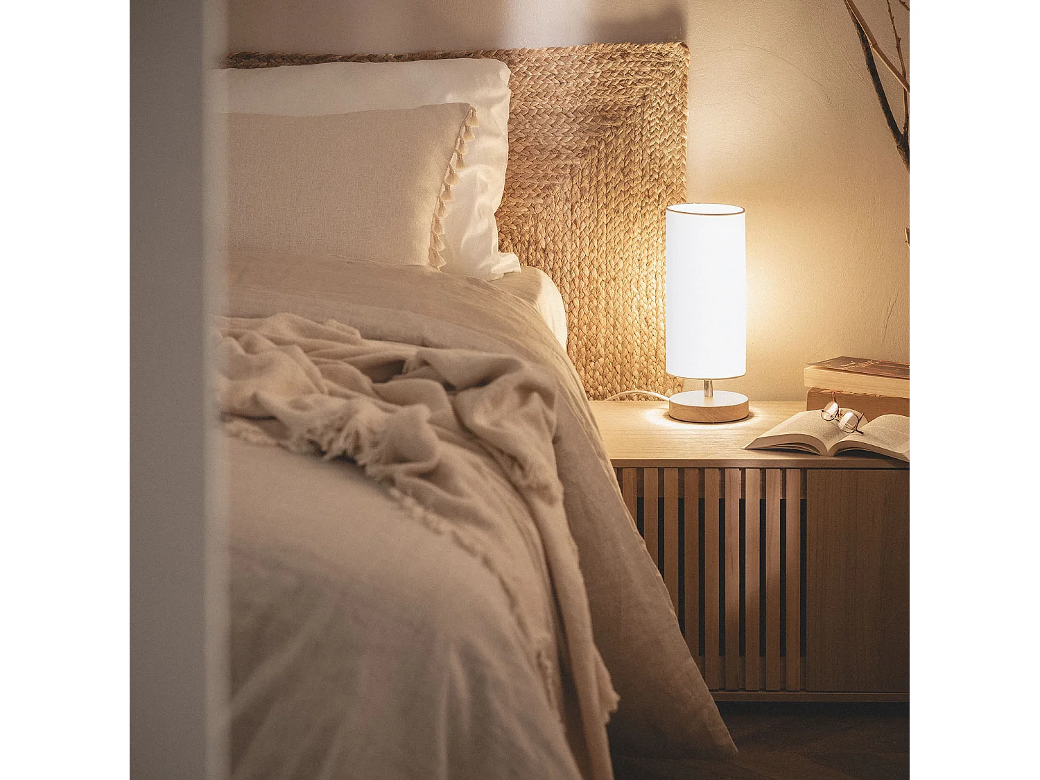 Lampe à Poser Bois et Tissu Roundi Haarle Blanc