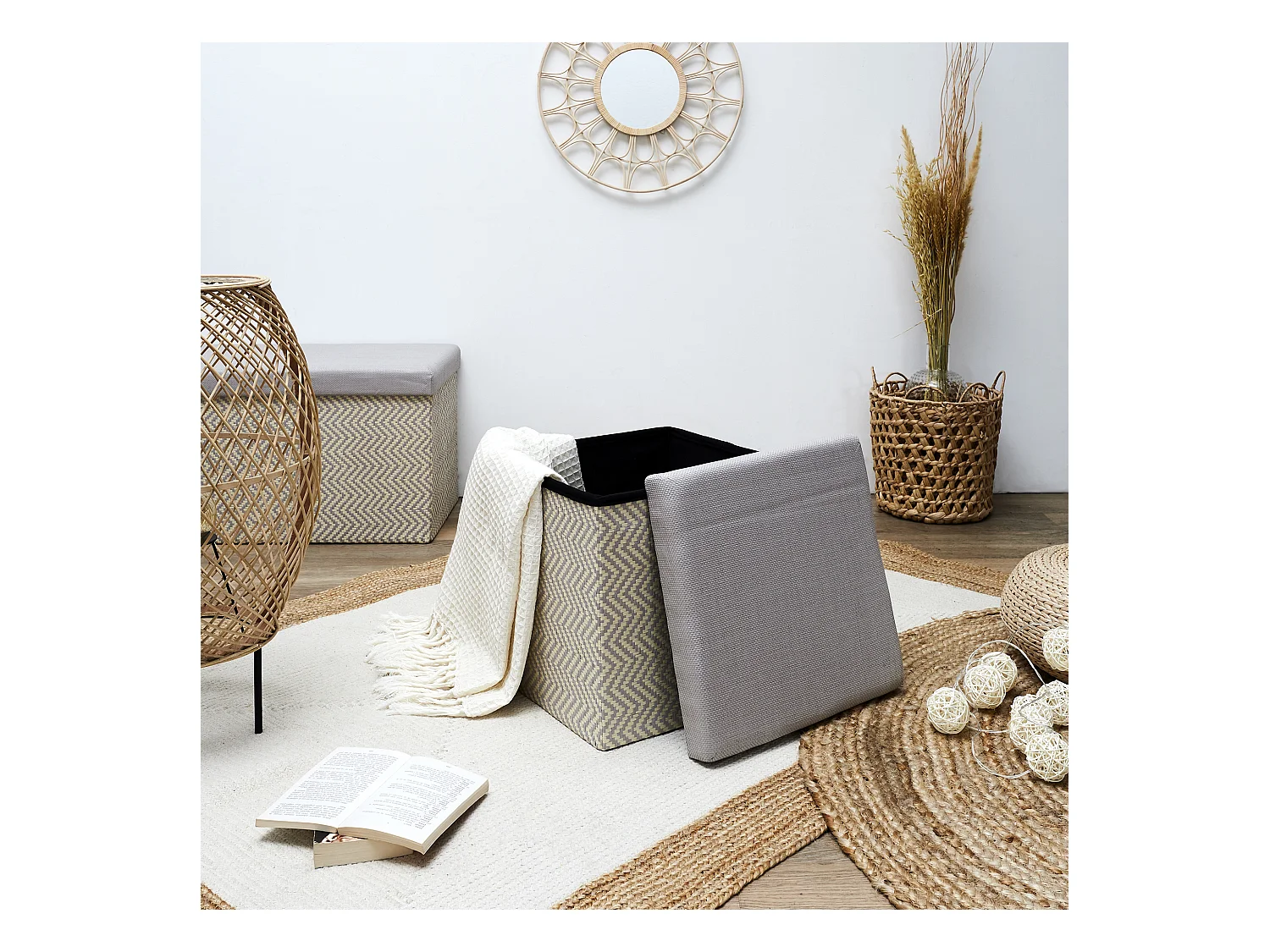 Coffre Pouf Pliable Tresse Gris Gris, Marron