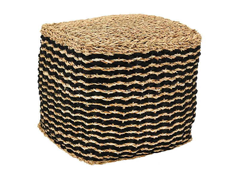 Pouf carré en jonc naturel et noir