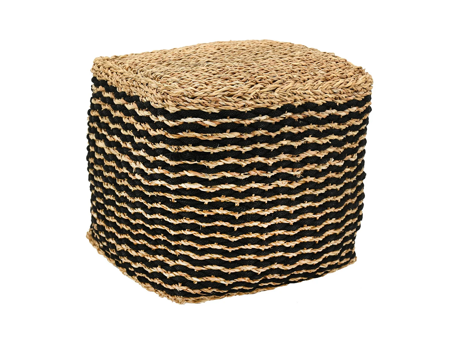 Pouf carré en jonc naturel et noir