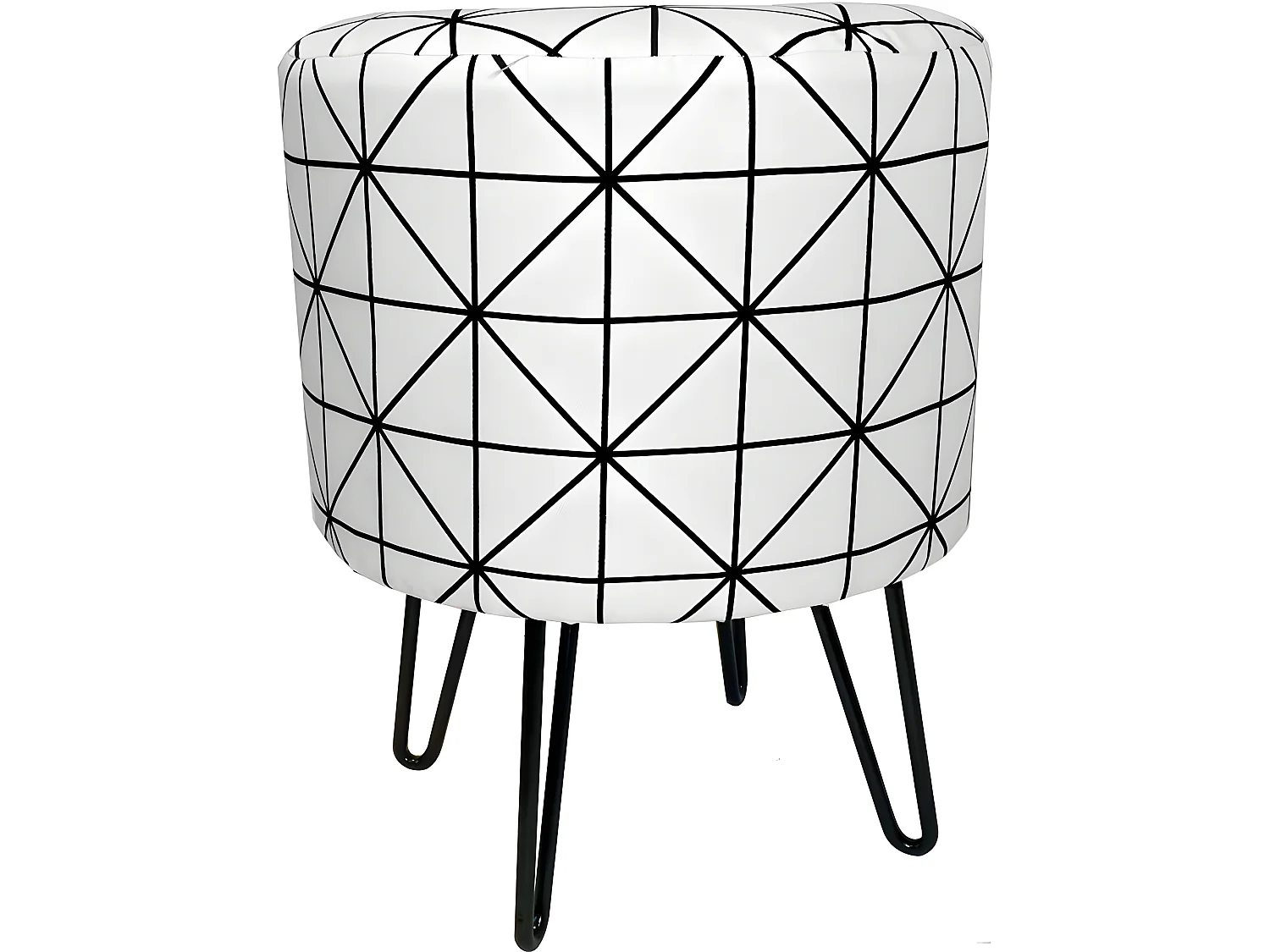 Pouf rotondo con gambe in filo di ferro e motivi geometrici