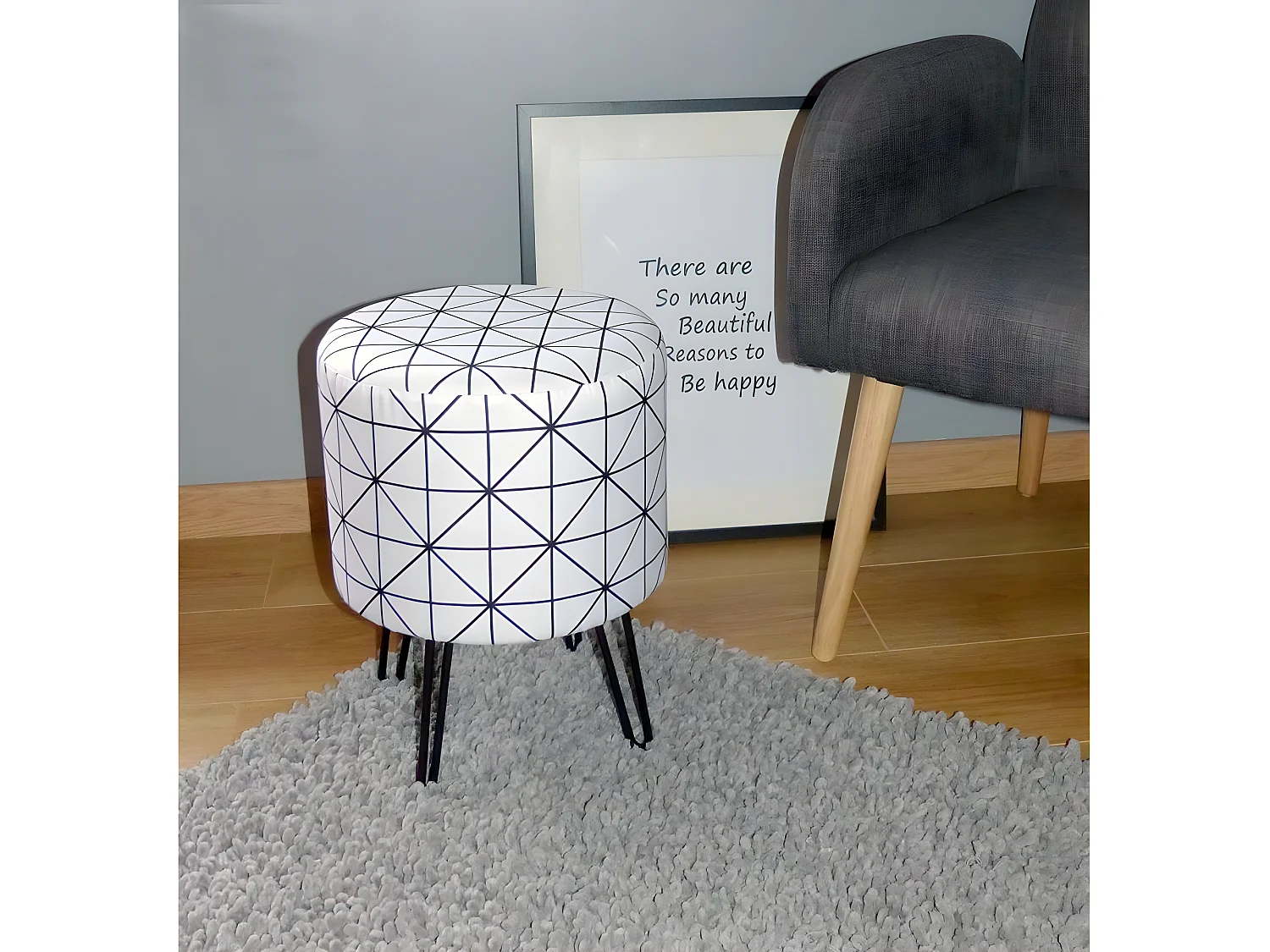 Pouf rotondo con gambe in filo di ferro e motivi geometrici