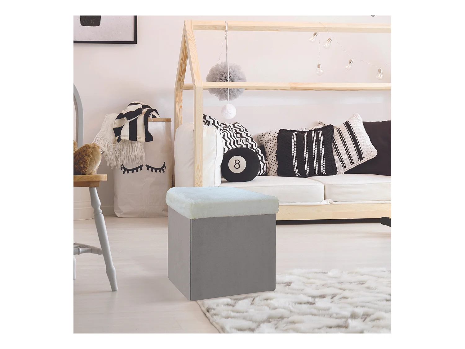 Coffre Pouf Pliable Gris Imitation Fourrure Leo Gris, Blanc