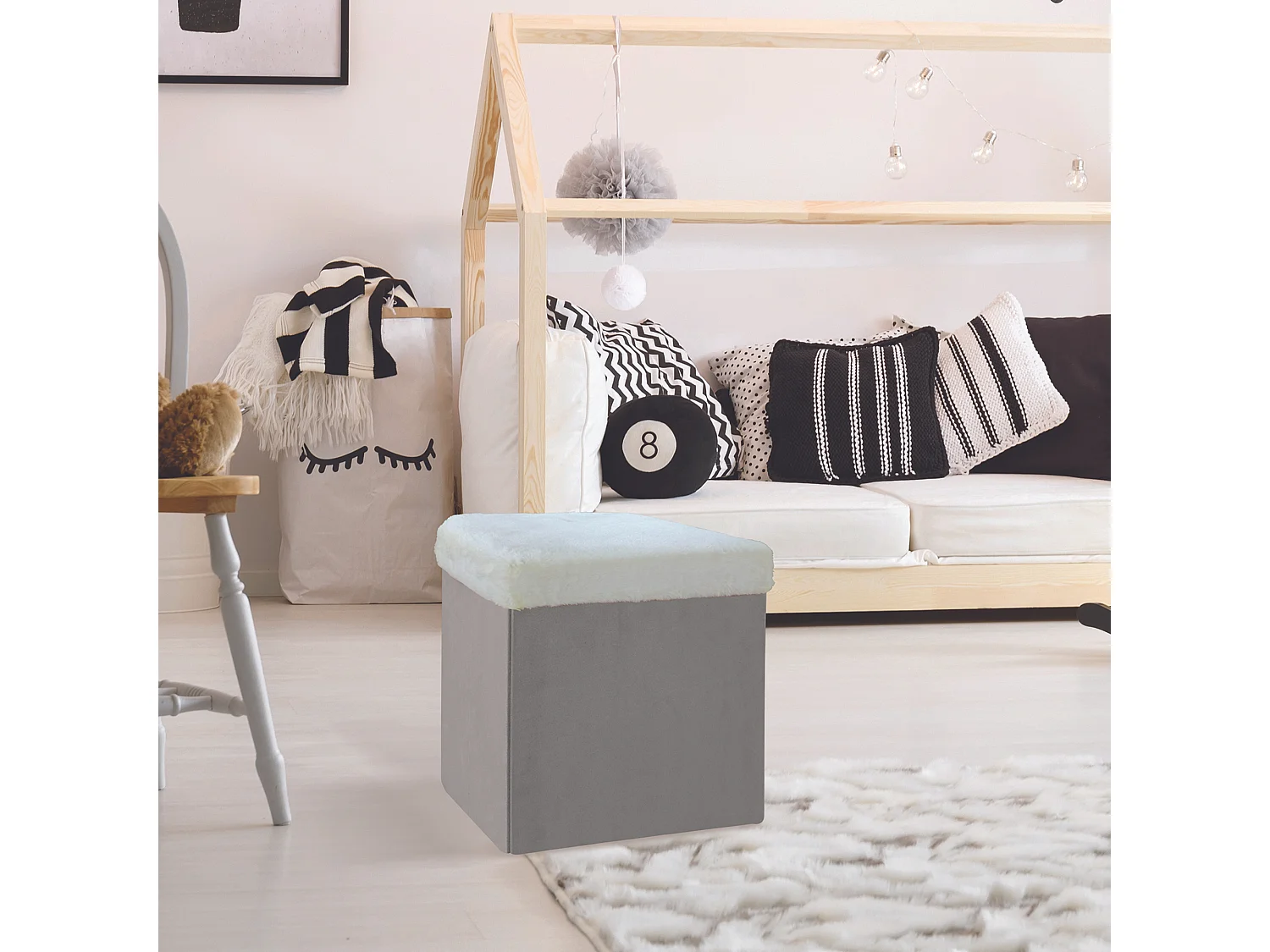 Coffre Pouf Pliable Gris Imitation Fourrure Leo Gris, Blanc