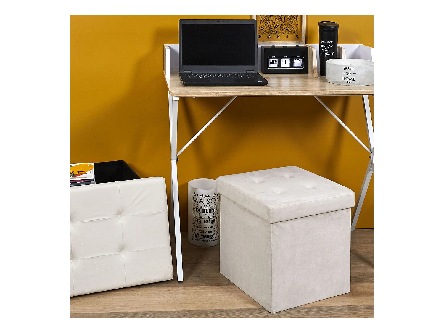 Coffre Pouf Pliable Suedine Beige Beige