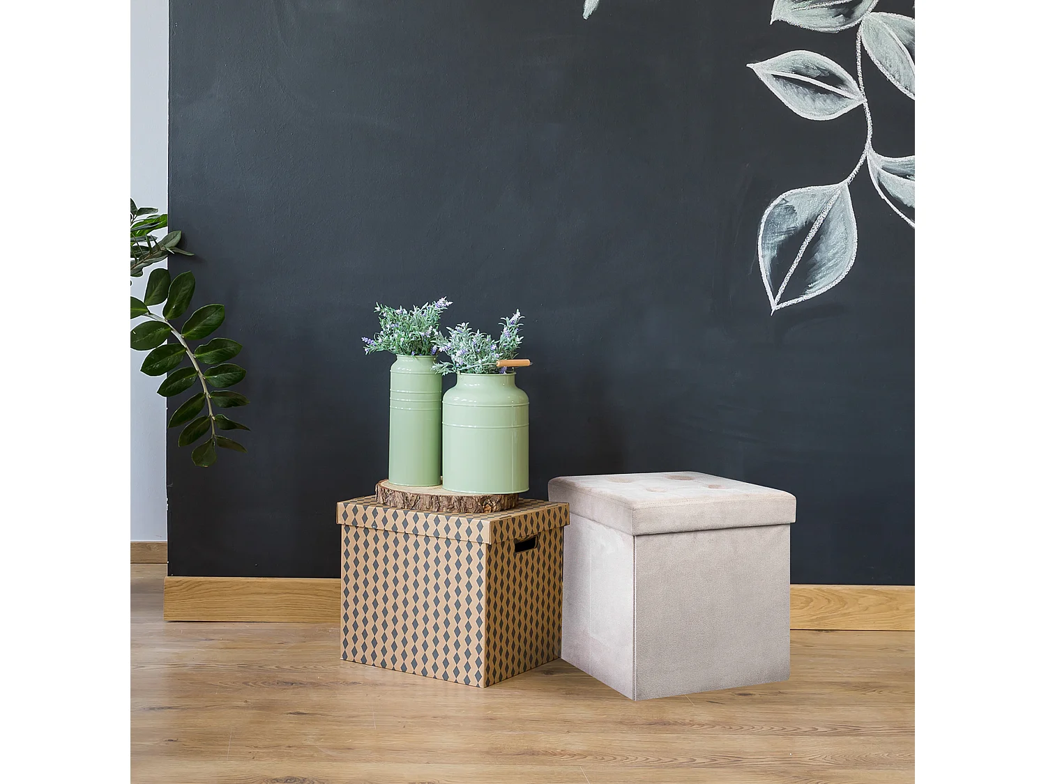 Coffre Pouf Pliable Suedine Beige Beige