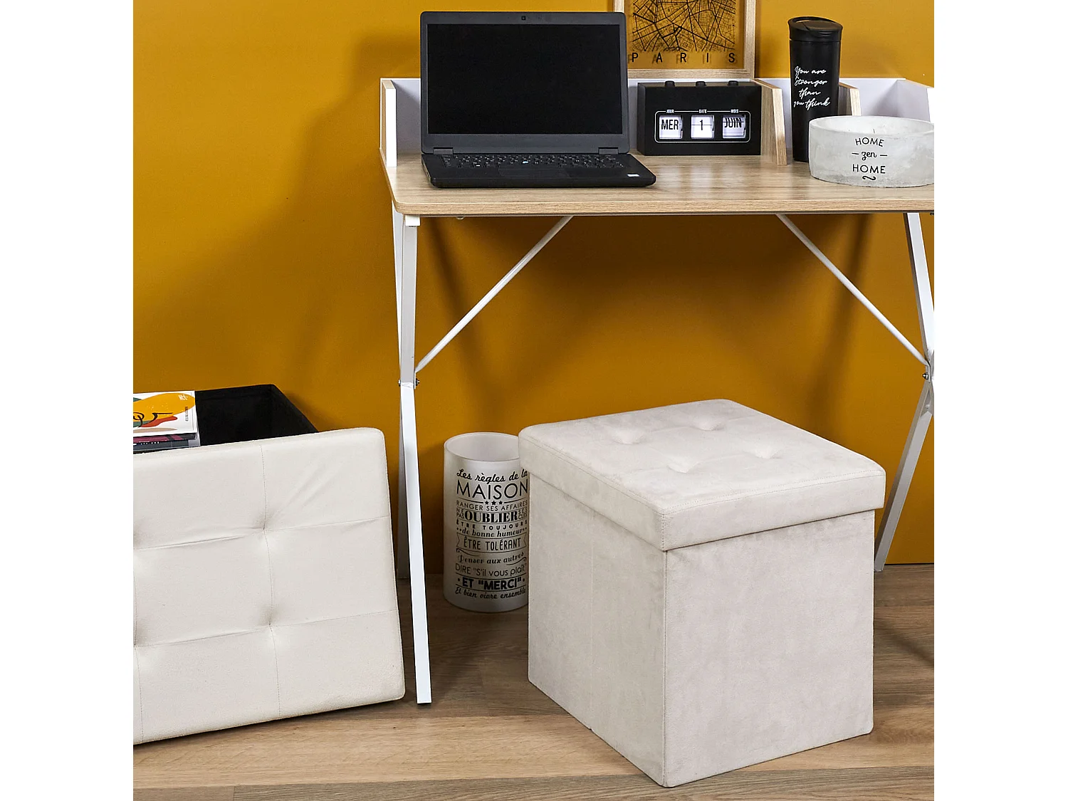 Coffre Pouf Pliable Suedine Beige Beige