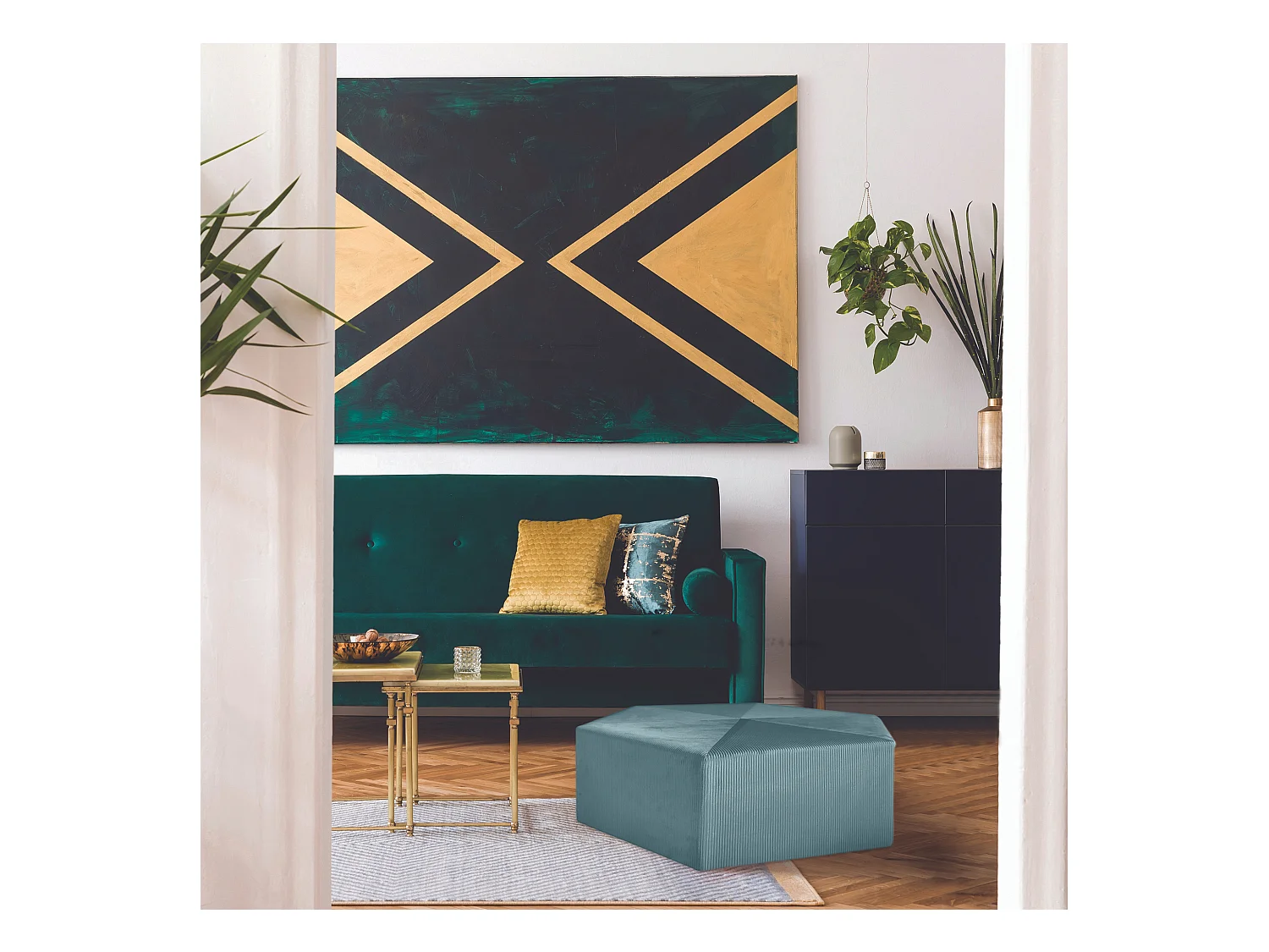 Pouf Velours Cotele 75cm Giulia Bleu Canard M1