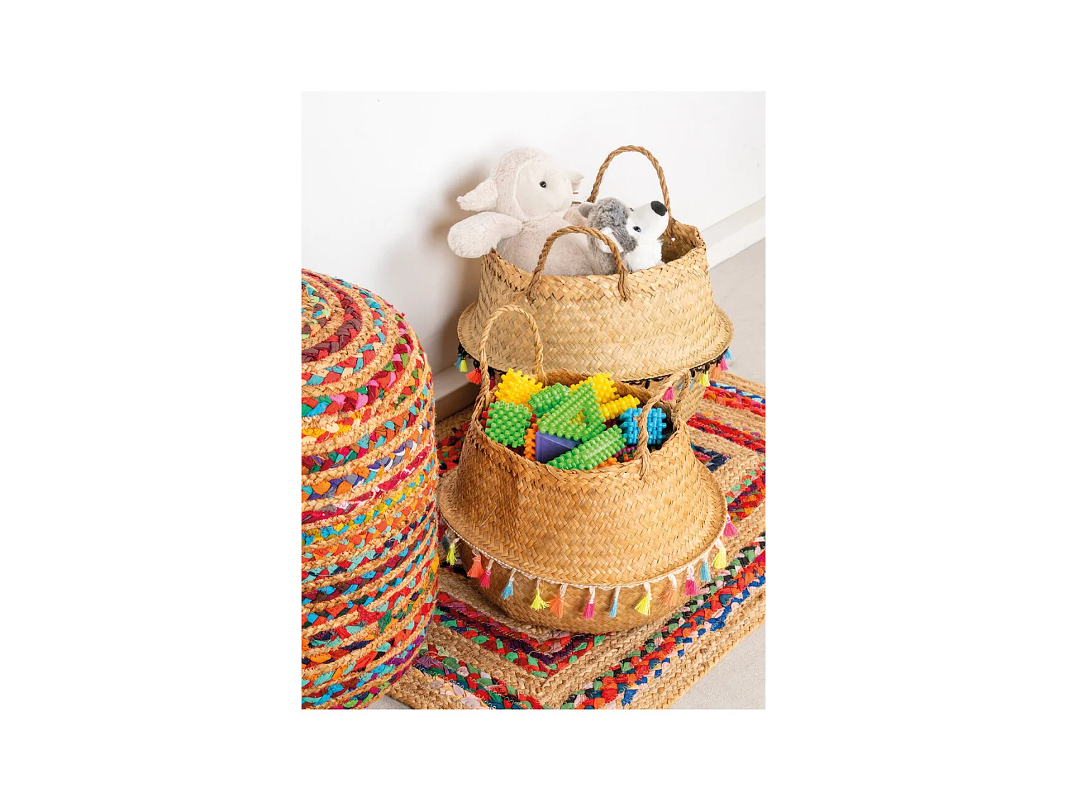 Pouf en coton et jute multicolore