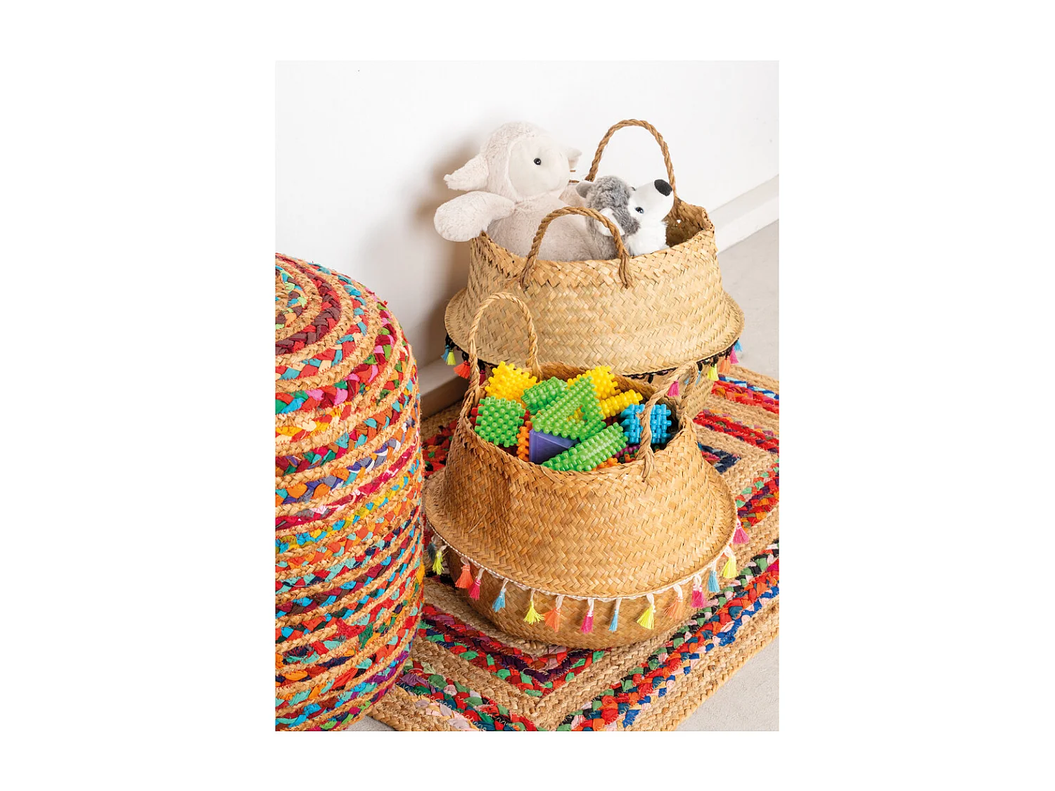 Pouf en coton et jute multicolore