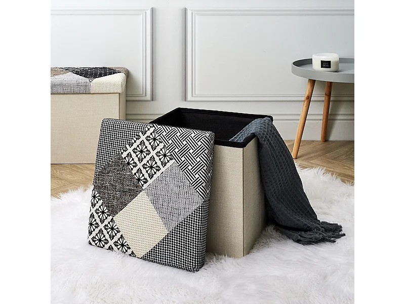 Coffre Pouf Pliable Patchwork Gris