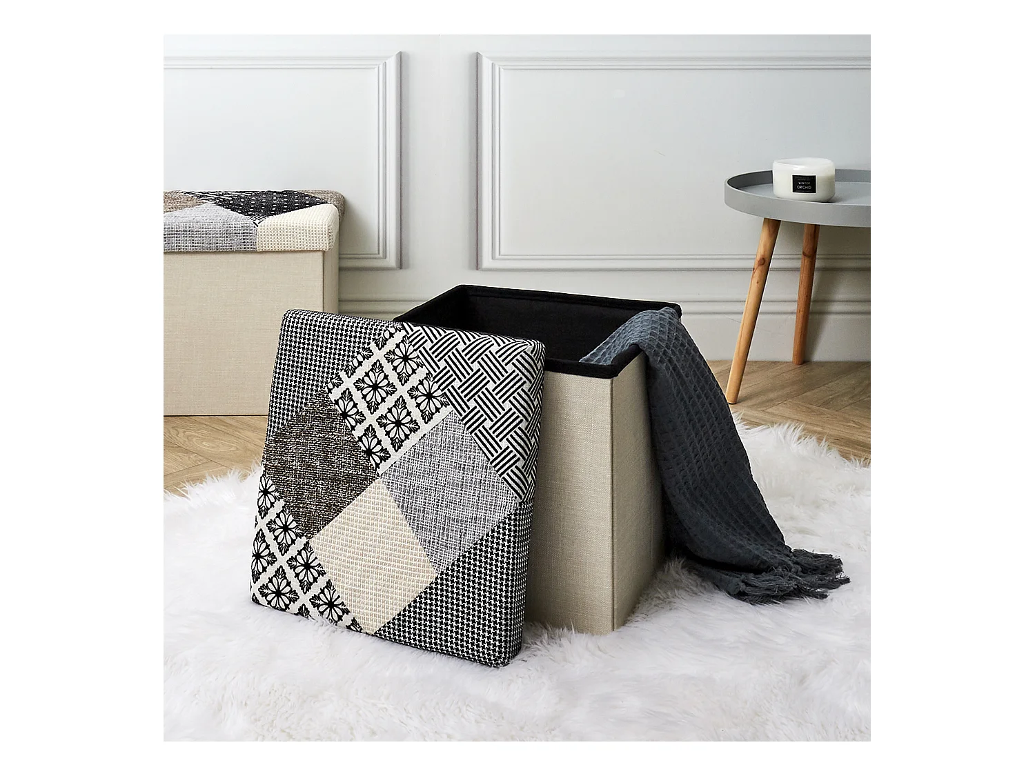 Coffre Pouf Pliable Patchwork Gris