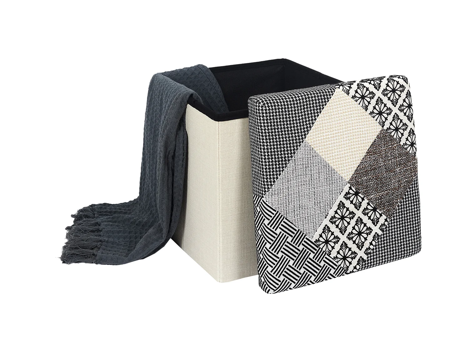Coffre Pouf Pliable Patchwork Gris