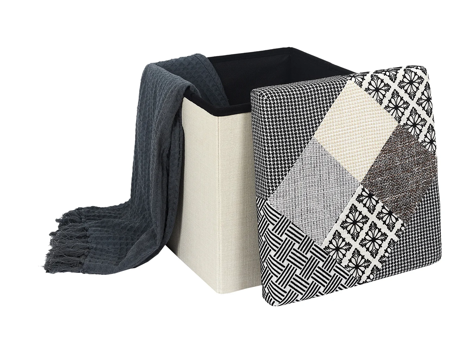Coffre Pouf Pliable Patchwork Gris