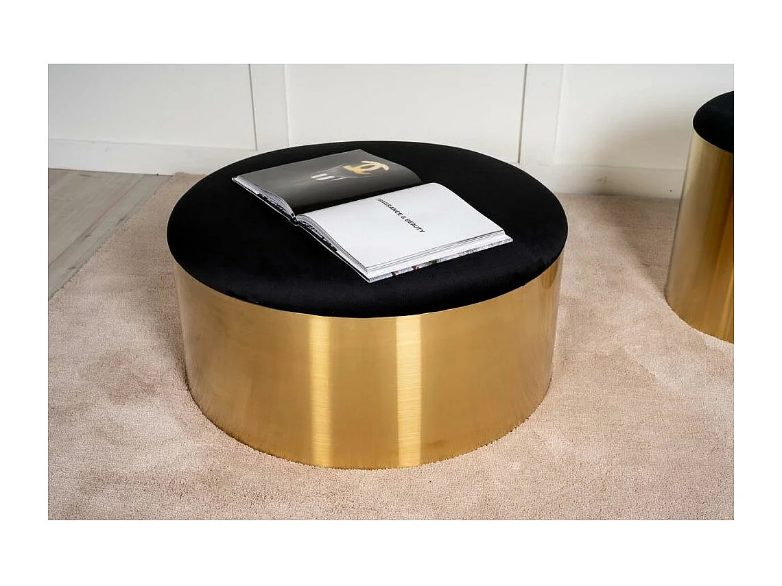 Puff poef, hocker Ø75cm velours zwart, messing.