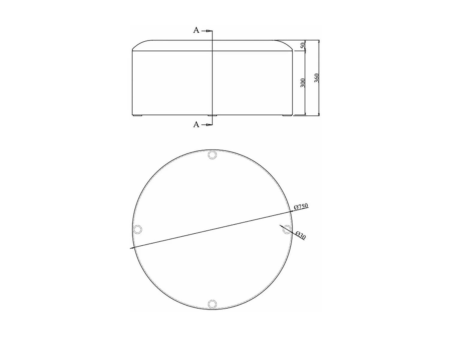 Puff poef, hocker Ø75cm velours zwart, messing.