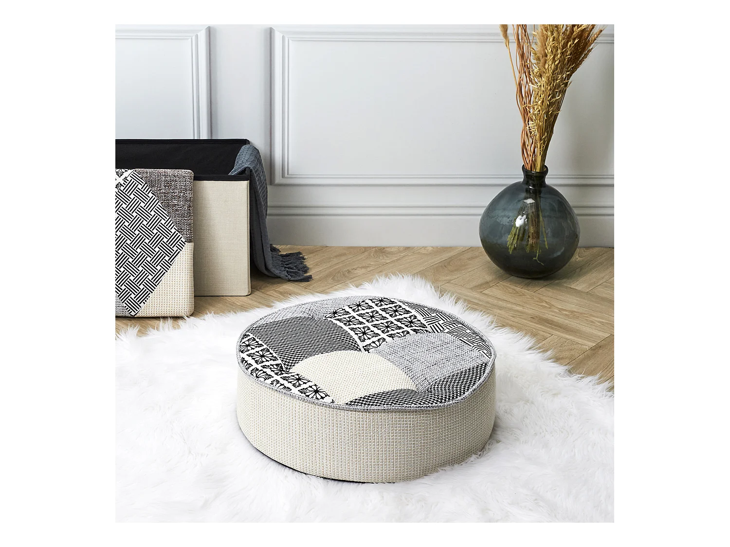 Pouf Rond Patchwork Gris Gris, Multicolore