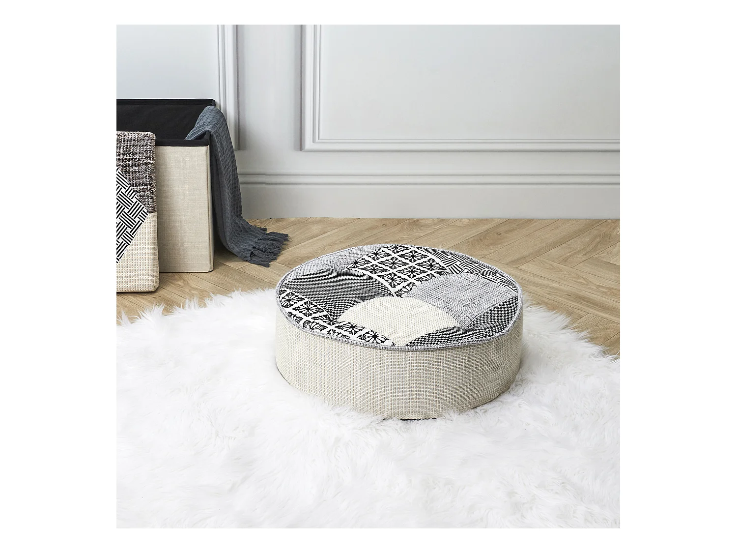 Pouf Rond Patchwork Gris Gris, Multicolore