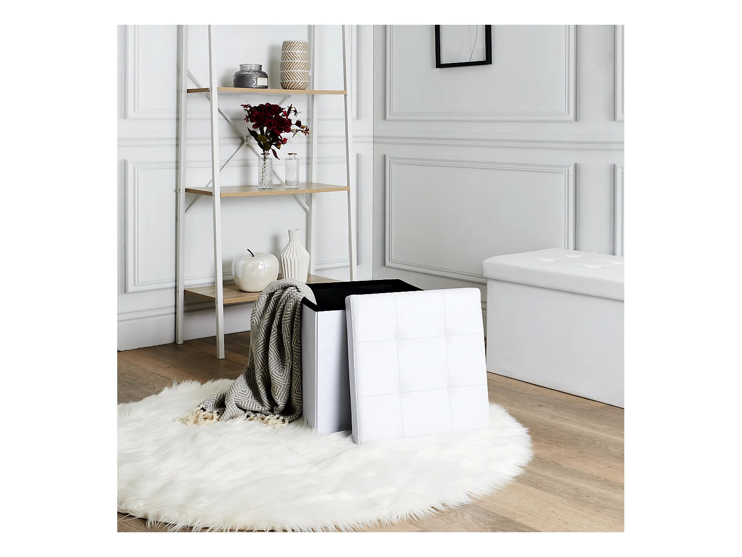 Coffre Pouf Pliable Pu Blanc Blanc