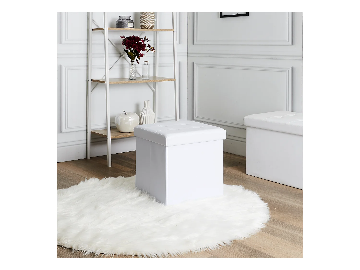 Coffre Pouf Pliable Pu Blanc Blanc