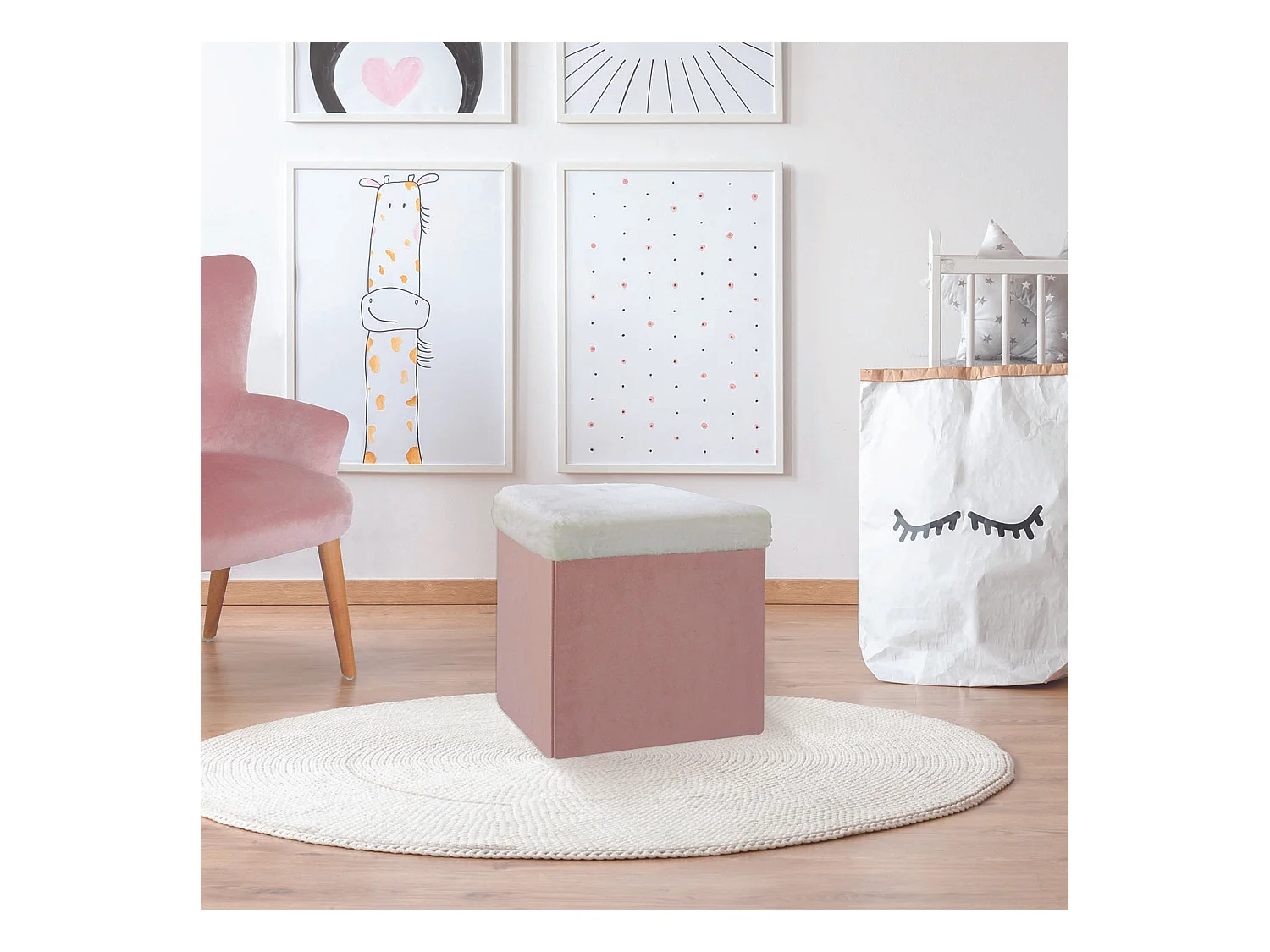 Coffre Pouf Pliable Rose Imitation Fourrure Leo Rose, Blanc