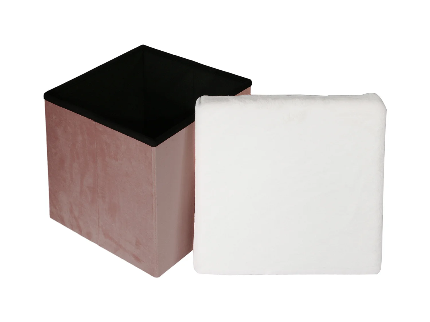 Coffre Pouf Pliable Rose Imitation Fourrure Leo Rose, Blanc