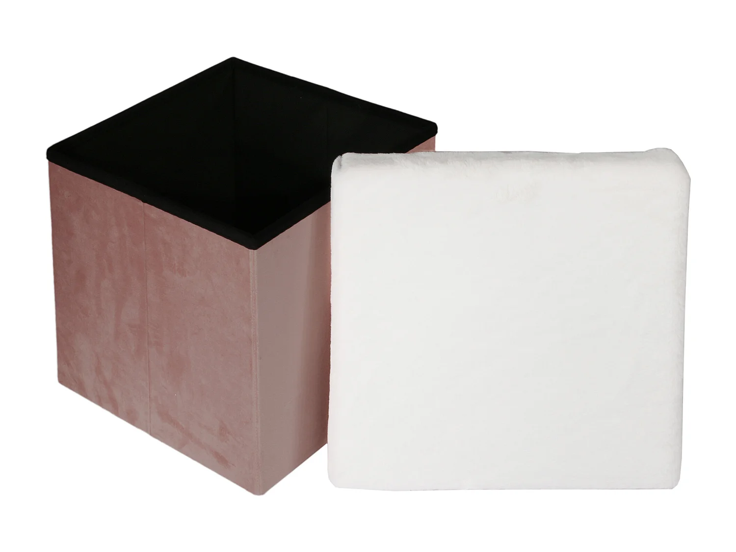 Coffre Pouf Pliable Rose Imitation Fourrure Leo Rose, Blanc