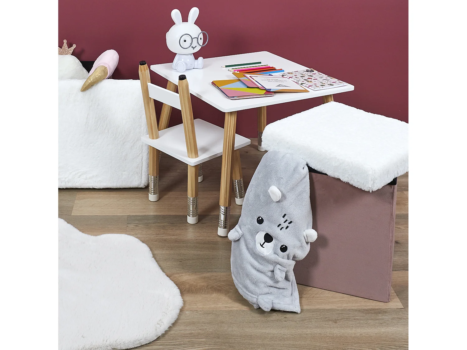 Coffre Pouf Pliable Rose Imitation Fourrure Leo Rose, Blanc