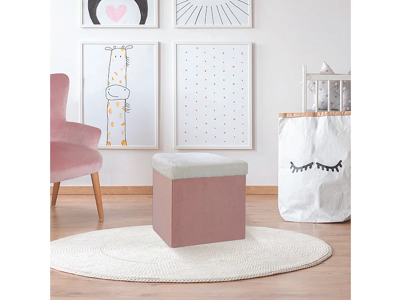 Coffre Pouf Pliable Rose Imitation Fourrure Leo Rose, Blanc