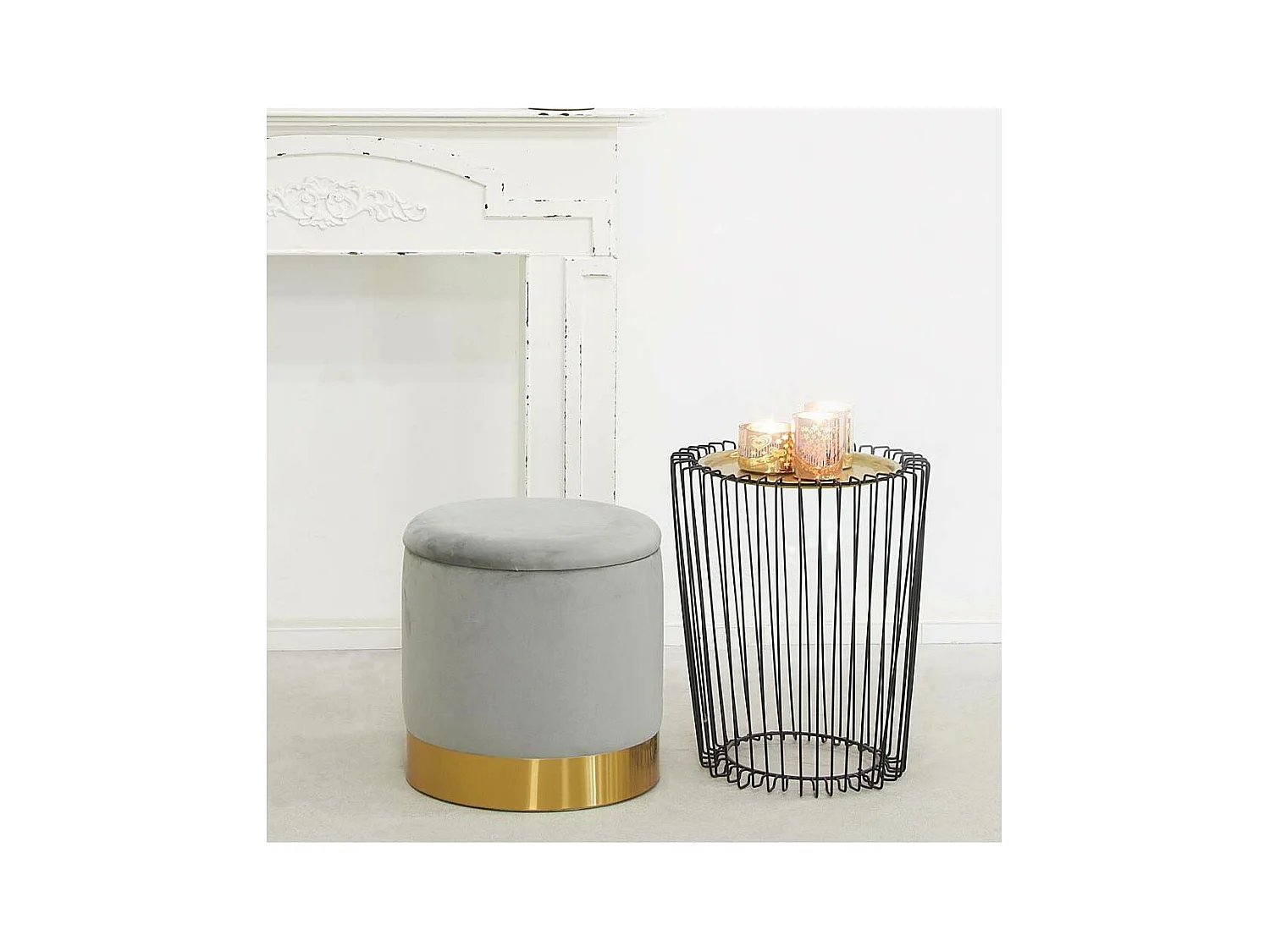 Pouf coffre en velours et métal Gris/Or