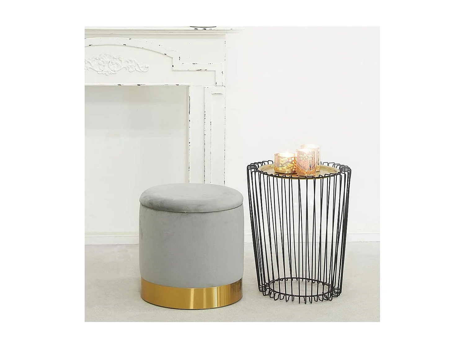 Pouf coffre en velours et métal Gris/Or