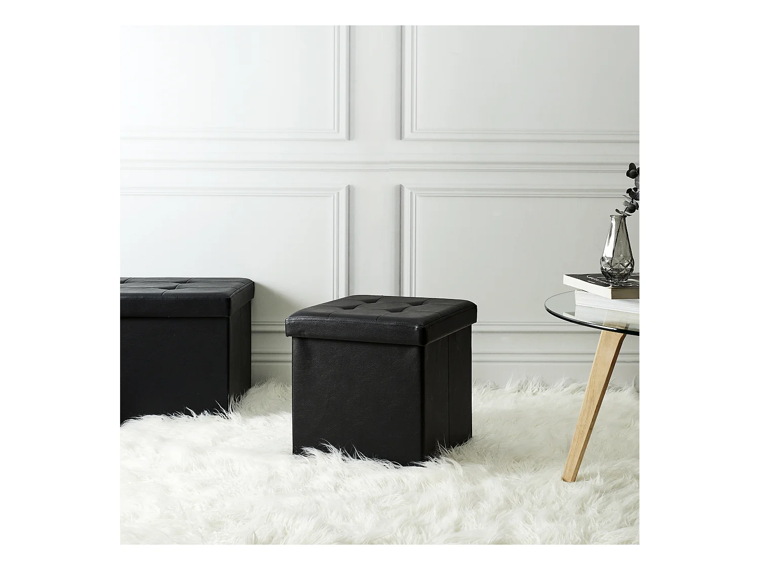 Coffre Pouf Pliable Pu Noir Noir