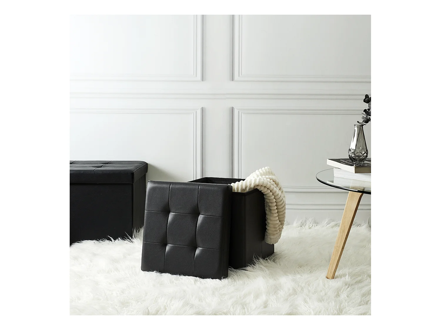 Coffre Pouf Pliable Pu Noir Noir