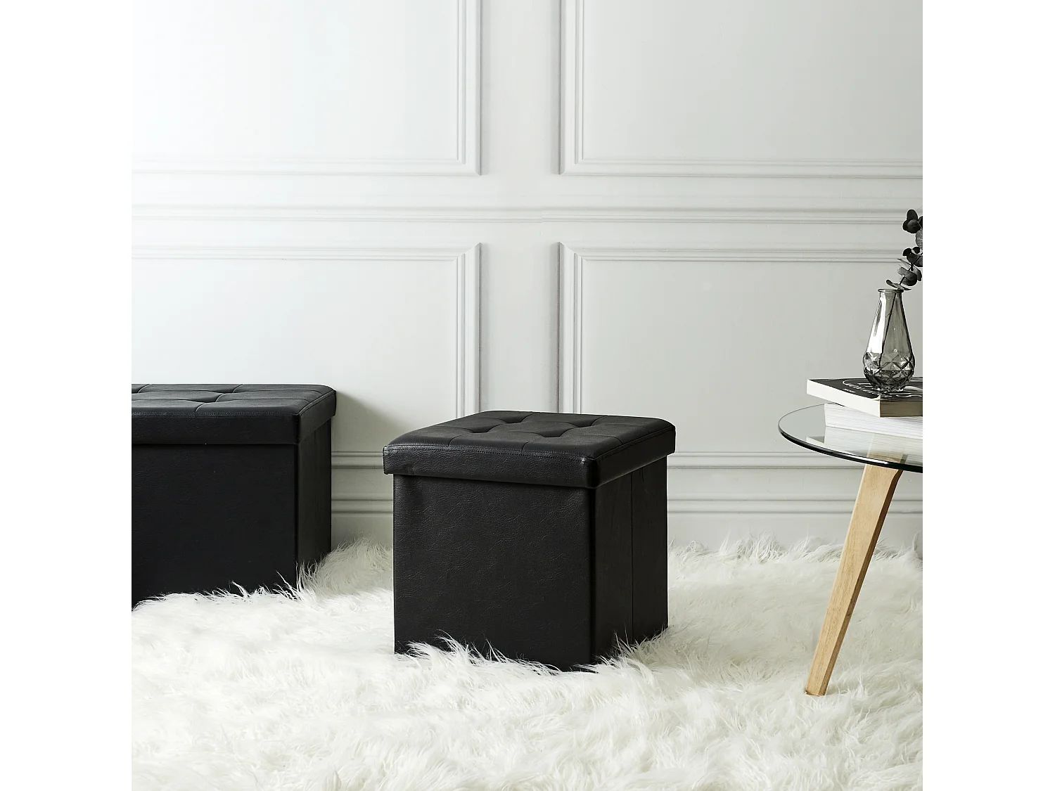 Coffre Pouf Pliable Pu Noir Noir