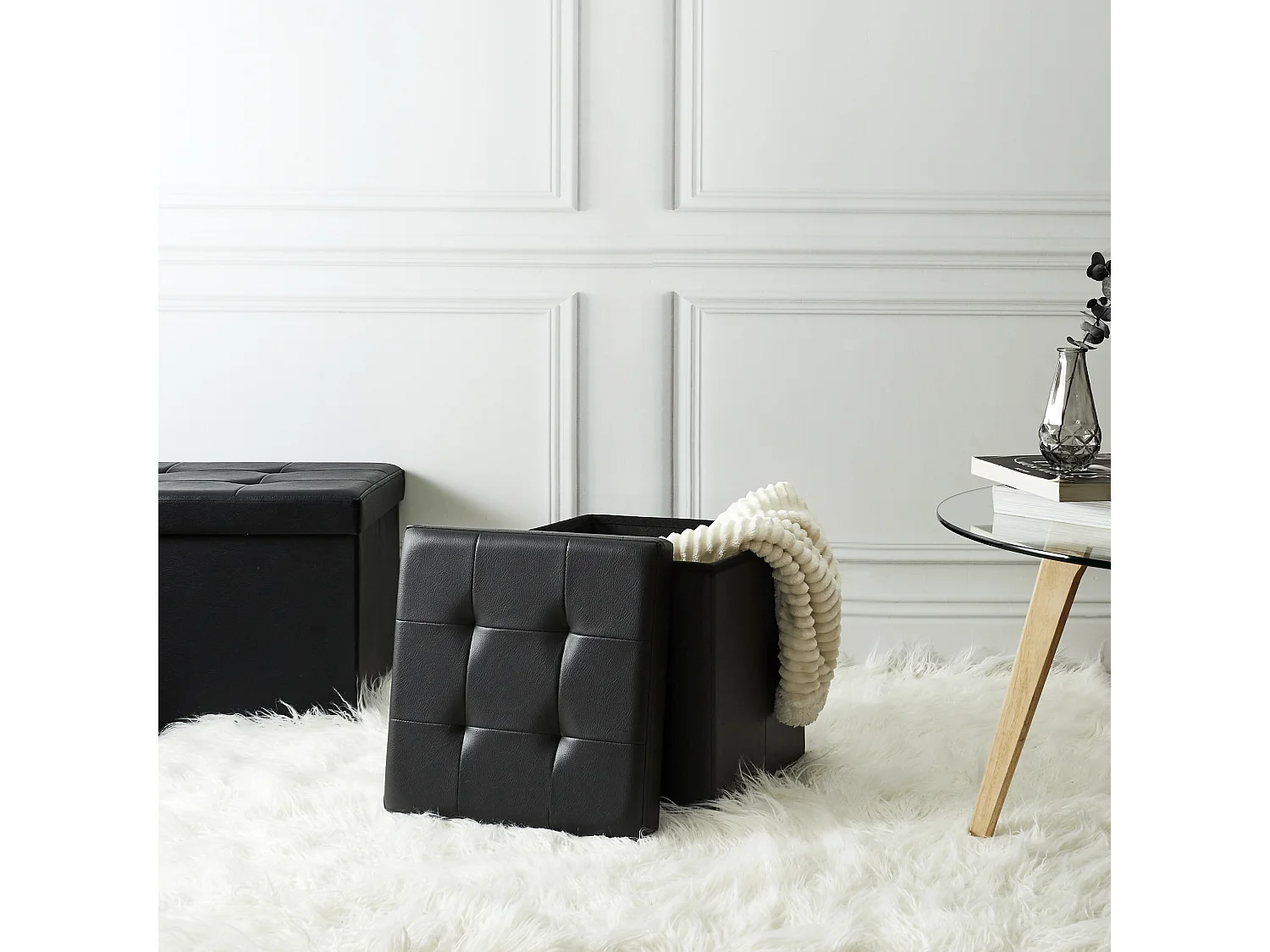 Coffre Pouf Pliable Pu Noir Noir
