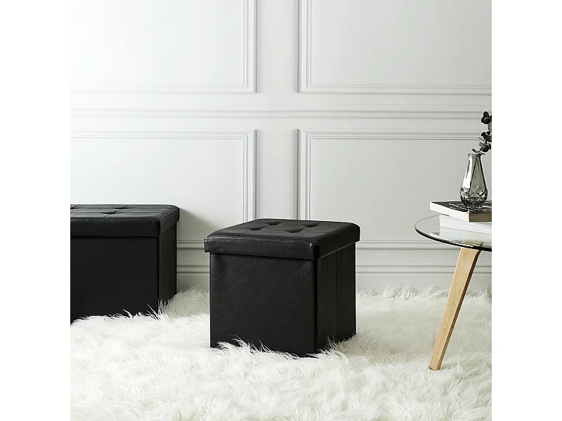 Coffre Pouf Pliable Pu Noir Noir