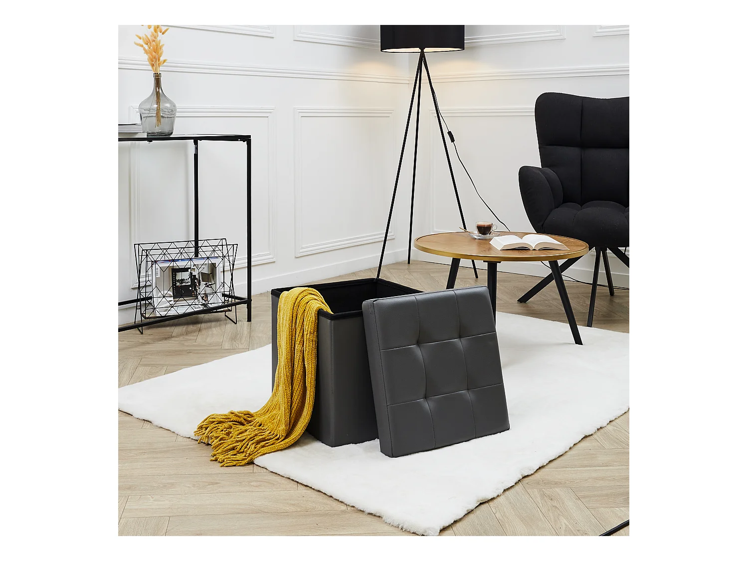 Coffre Pouf Pliable Pu Gris Gris