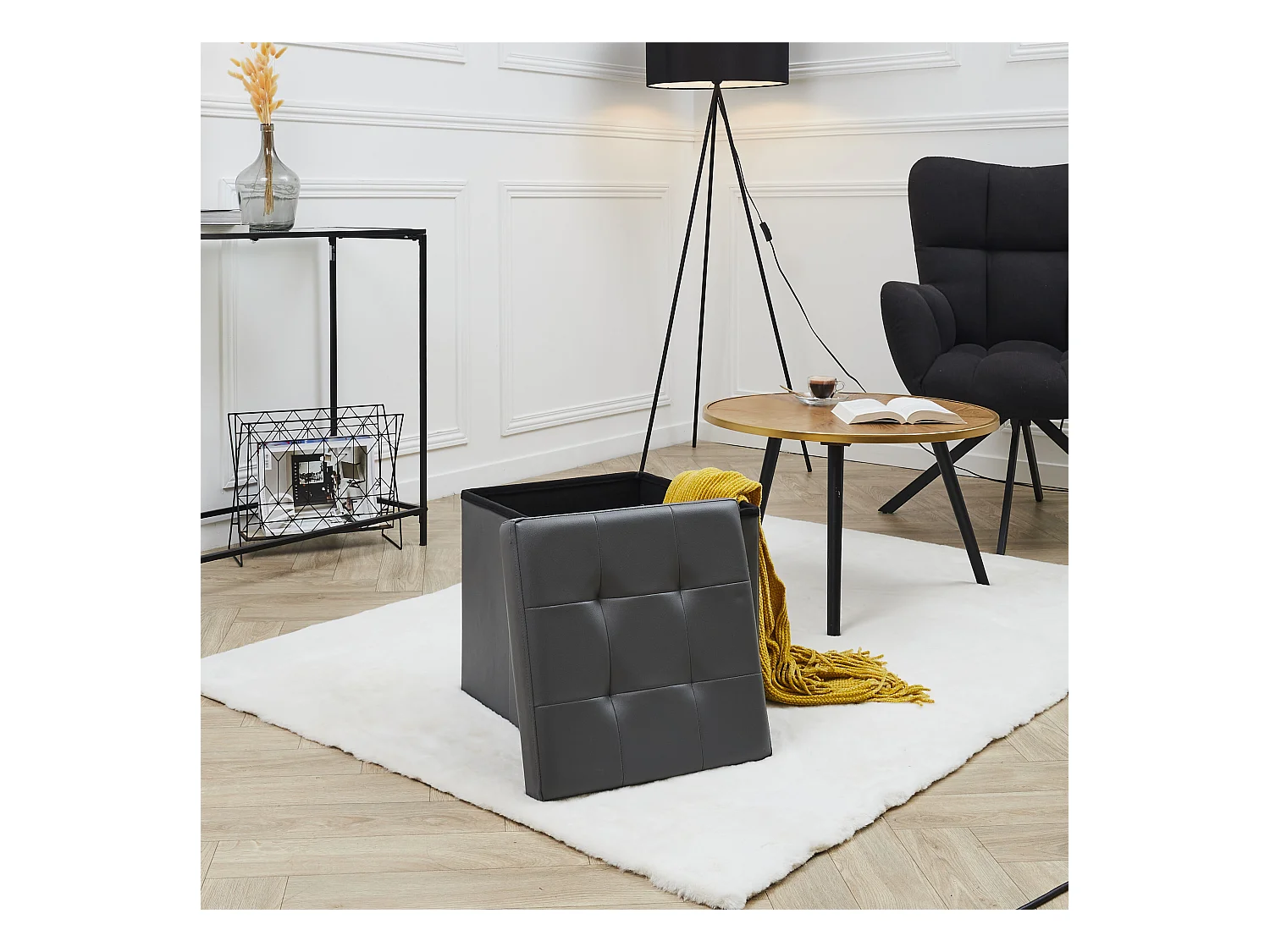 Coffre Pouf Pliable Pu Gris Gris