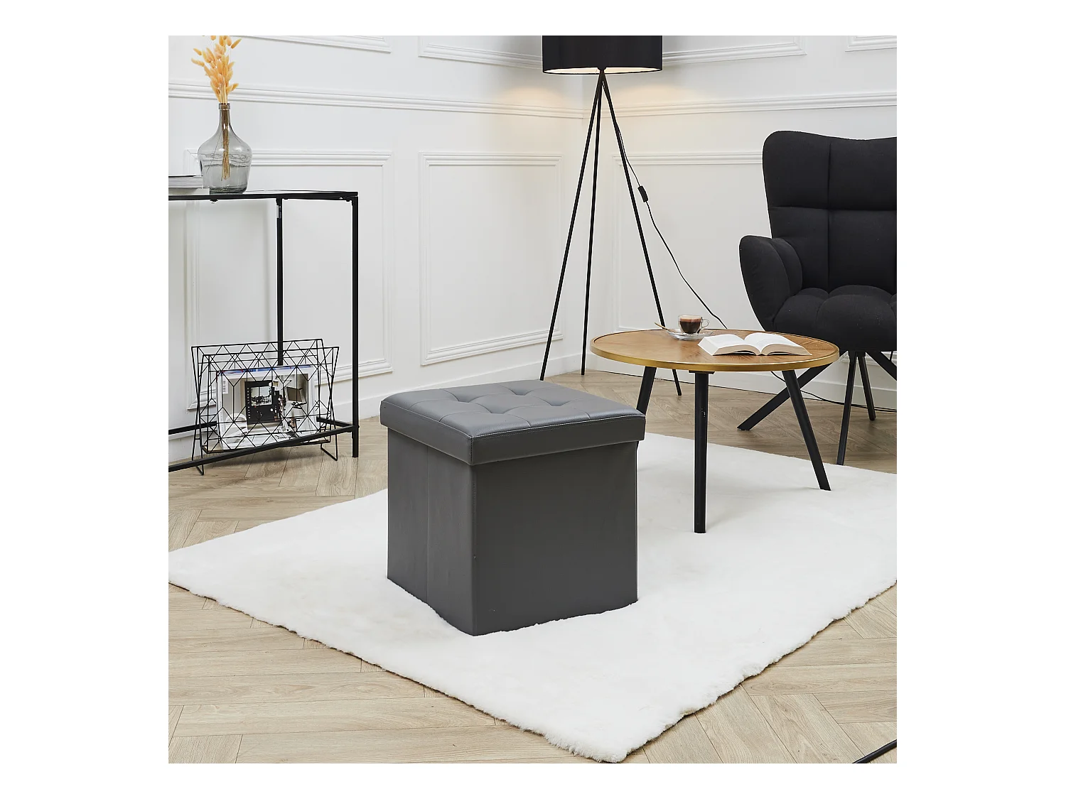 Coffre Pouf Pliable Pu Gris Gris