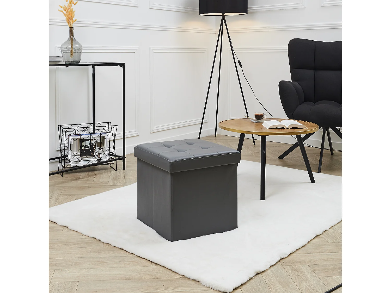 Coffre Pouf Pliable Pu Gris Gris