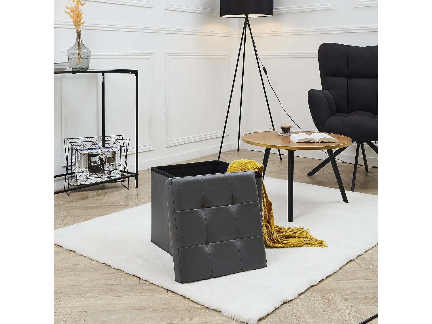 Coffre Pouf Pliable Pu Gris Gris