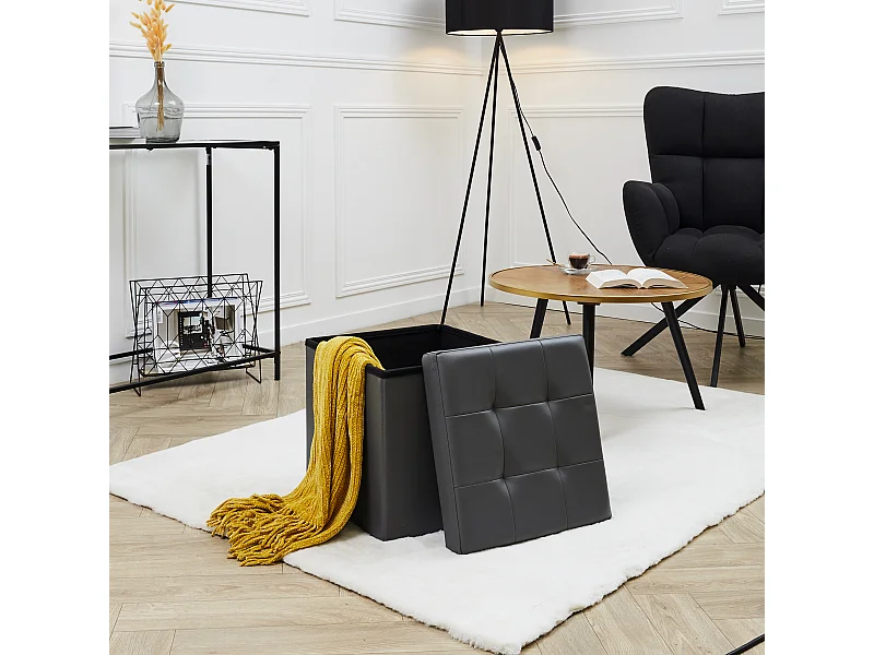 Pufe Baú Dobrável em PU Cinza Capitonê - Design Elegante e Versátil