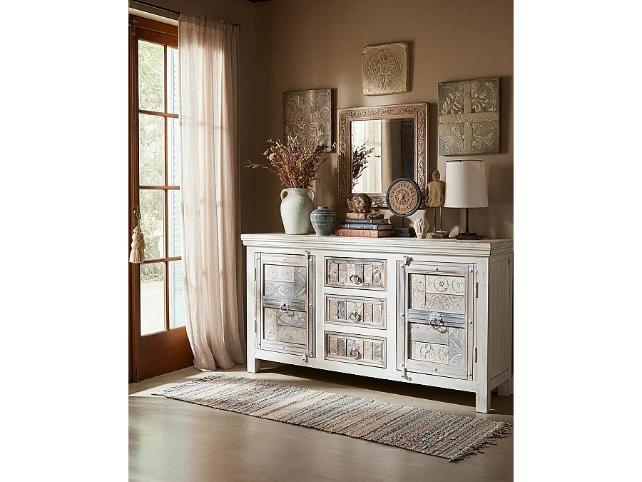 Viva - Buffet blanc 2 portes en bois massif, 170 cm