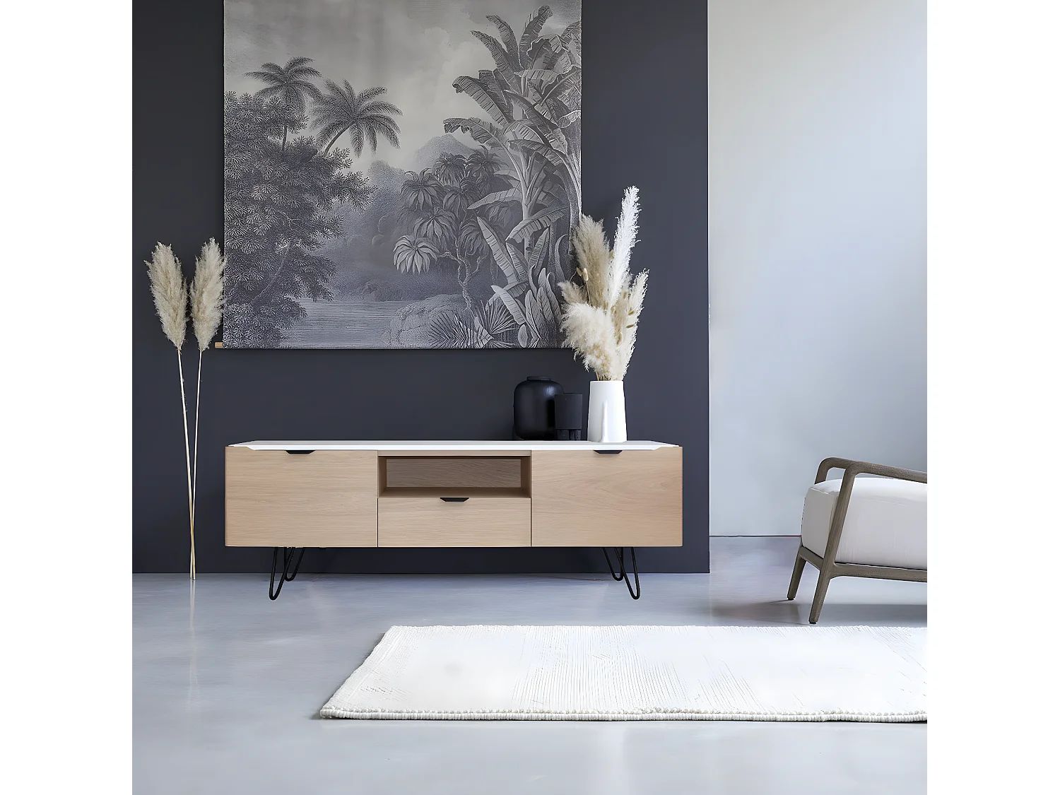 Buffet TV chêne blanchi et laqué blanc, 2 portes 1 tiroir 1 niche - 160L x 44P